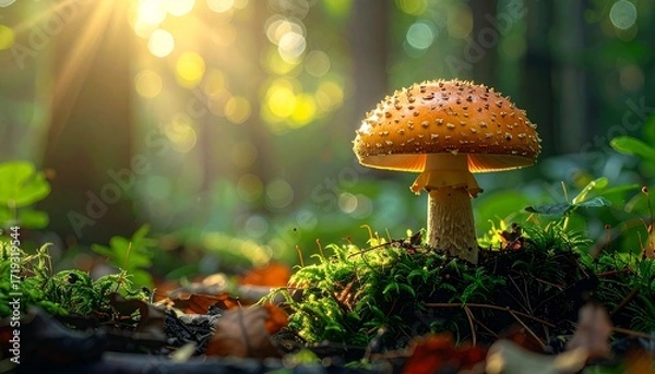 Fototapeta Golden morning sunlight filtering through the trees, illuminating a lone mushroom on the lush, moss-covered ground of a tranquil forest