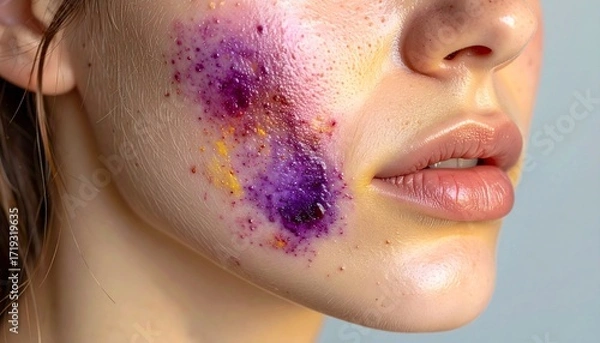 Fototapeta A close-up beauty portrait of a woman's face with an artistic splash of vibrant purple and yellow powder pigment on her cheek, creating an abstract cosmetic look