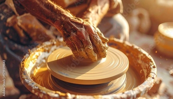 Fototapeta Close-up of a skilled artisan's hands shaping wet clay on a spinning potter's wheel in a rustic workshop