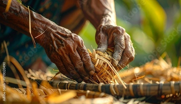 Fototapeta Close-up of elderly hands skillfully weaving natural fibers into a basket, highlighting traditional craftsmanship and a connection to nature