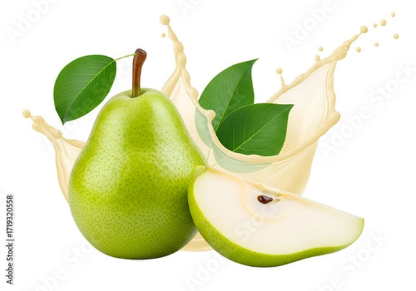 Fototapeta Fresh, vibrant green pears are elegantly splashed with a creamy, light-beige liquid, showcasing a dynamic fruit and beverage combination against a stark black background.