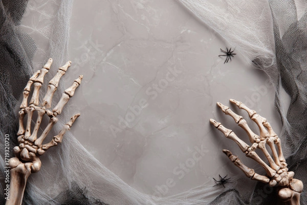 Fototapeta Halloween background with skeleton hands at bottom, top blank space