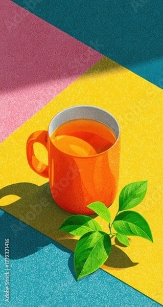 Fototapeta An orange teacup, filled with a warm beverage, rests on a vibrant yellow surface, with vibrant pink and teal accents, creating a cheerful and inviting still life.