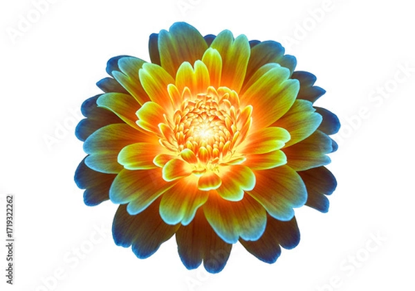 Fototapeta A vibrant, radiant dahlia flower glows with hues of orange, yellow, and blue in a striking close-up against a stark black backdrop.