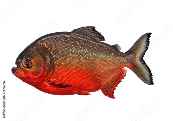 Fototapeta A vivid profile view of a predatory piranha, showcasing its striking red and gray scales against a stark black backdrop.