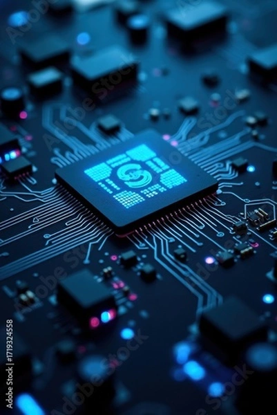 Fototapeta Close up of a glowing blue central processing unit on a complex circuit board