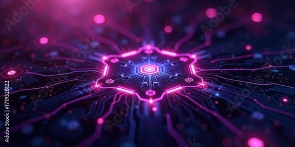 Fototapeta Futuristic Circuit Board with Glowing Neon Lines and Central Processor