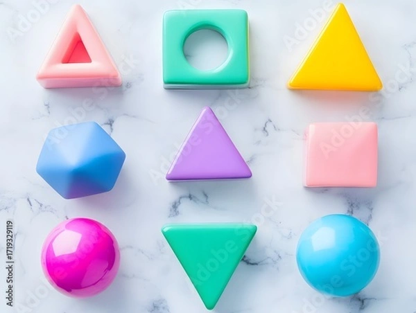 Fototapeta Colorful Geometric Shapes on Marble Background Abstract 3D Render
