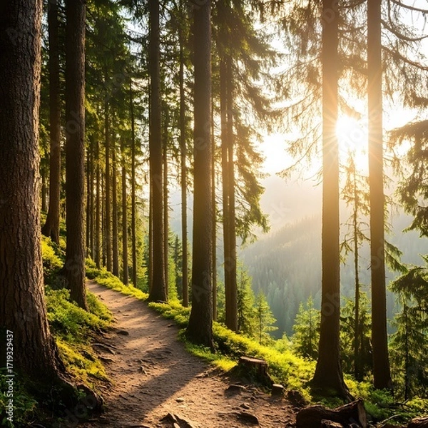 Fototapeta Sunset Forest Trail- Golden Hour Path Through Pine Trees