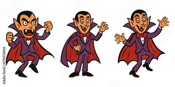 Fototapeta cute vampire character. Funny Dracula in different poses. Halloween vector illustration with fangs, cape and tuxedo. Spooky mascot design for holiday decoration and party