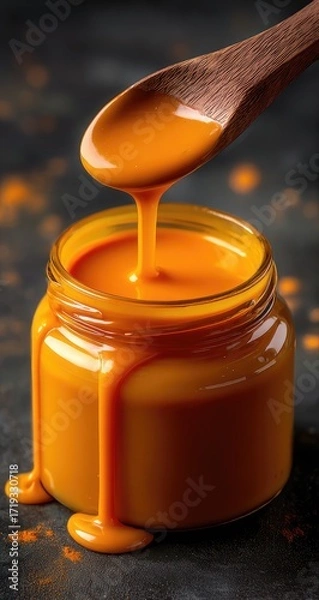Fototapeta Rich, vibrant orange sauce drips from a wooden spoon into a glass jar, showcasing a delicious food item against a dark background.