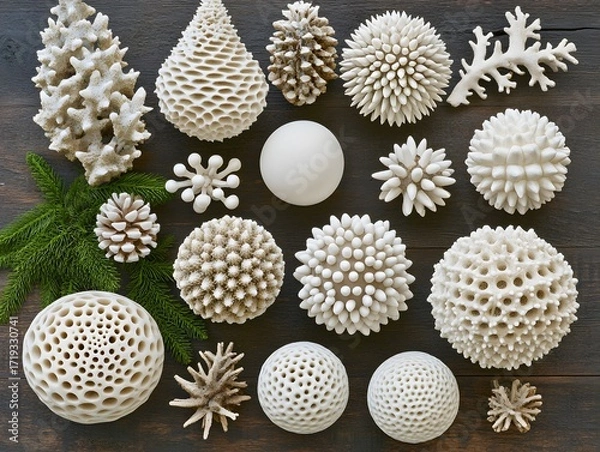 Fototapeta Collection of White Decorative Ornamental Objects on Dark Wood