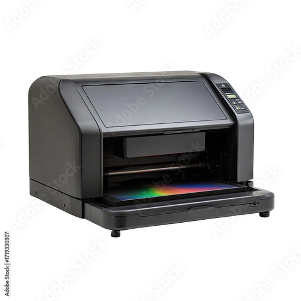 Fototapeta Dark gray, rectangular, flatbed printer/cutter.  A colorful sheet rests on the flatbed