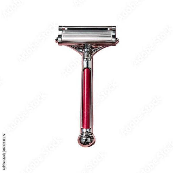 Fototapeta A metallic safety razor with a vibrant red handle