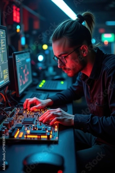 Fototapeta Man Working on Computer Circuits in Neon Lit Room