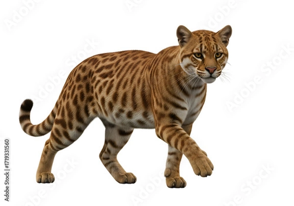 Fototapeta A detailed illustration of a spotted cat species, featuring intricate fur patterns and a striking pose against a pure black background.