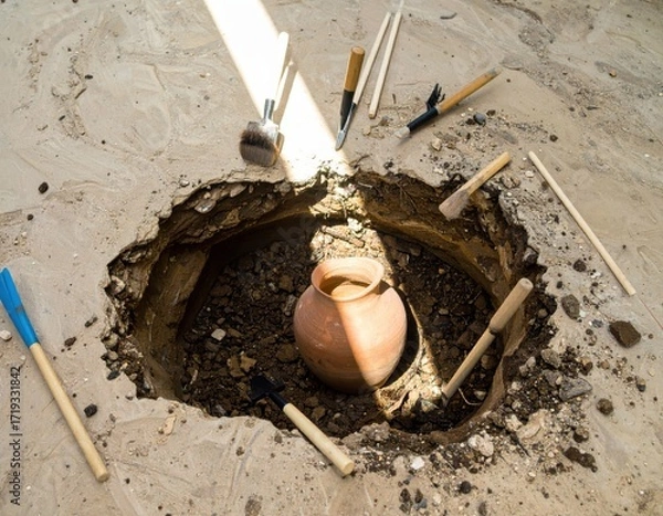 Fototapeta Ancient clay pot discovered during archaeological excavation with tools