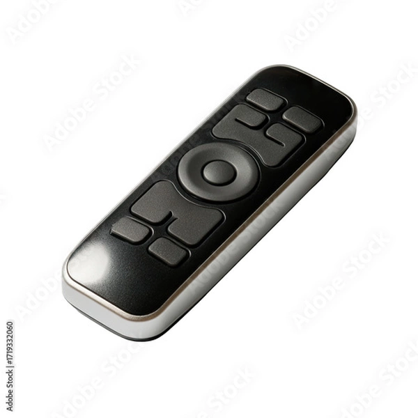 Fototapeta Black and white rectangular remote control with dark gray buttons and a central knob