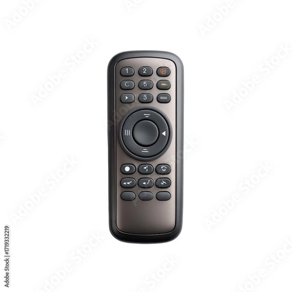 Fototapeta Rectangular dark gray remote control with various buttons and a large central dial