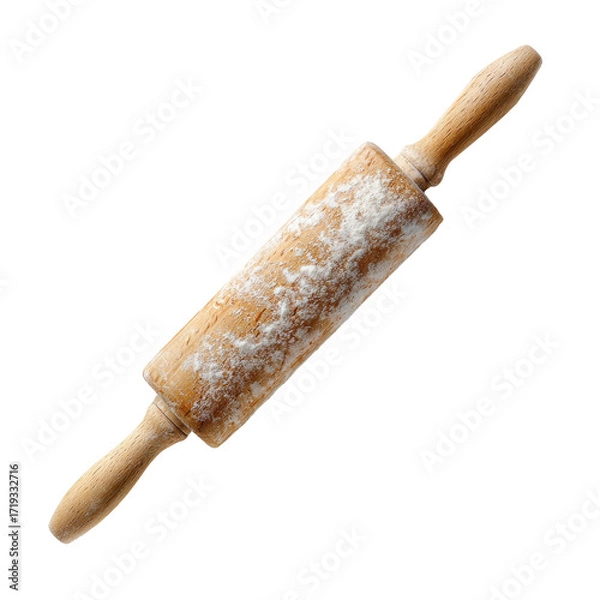 Fototapeta Wooden rolling pin dusted with flour, angled view, isolated on black