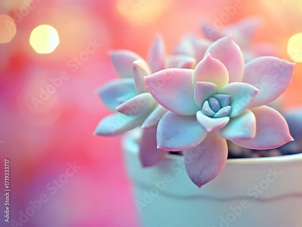 Fototapeta Pastel Pink and Blue Succulent Plant in Pot, Closeup Macro Shot