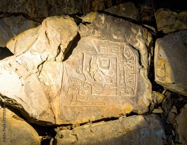 Fototapeta Ancient petroglyph rock carving illuminated at night
