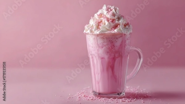 Fototapeta A vibrant pink milkshake topped with fluffy whipped cream and delicate sprinkles served in a clear glass mug