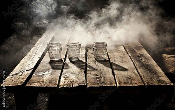 Fototapeta Three Empty Glasses on Rustic Wooden Table with Smoke