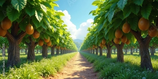 Fototapeta Orchard of ripe kiwi fruit on trees under blue sky
