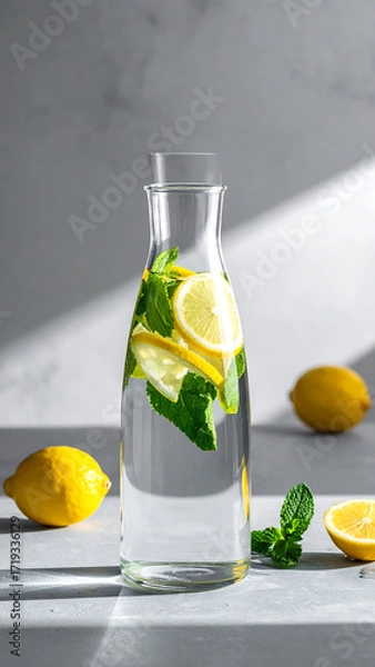 Obraz Refreshing Lemon Mint Water in Glass Carafe with Slices and Fresh Leaves