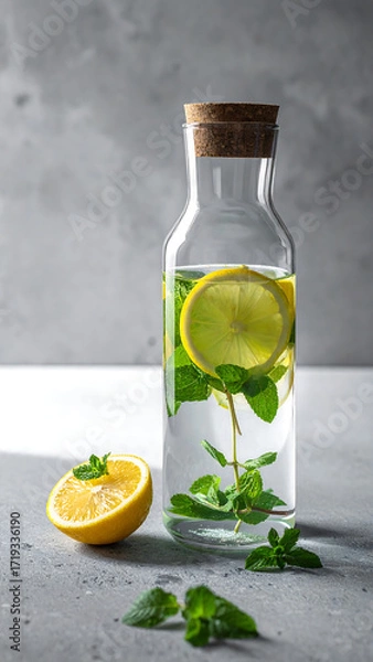 Obraz Refreshing Lemon Mint Water in Glass Carafe with Slices and Fresh Leaves