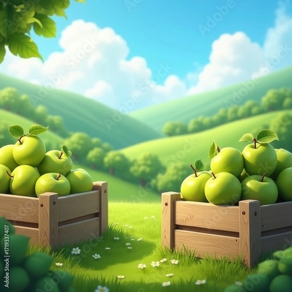 Fototapeta Fresh Green Apples in Wooden Crates on a Sunny Day