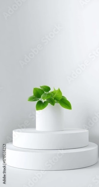 Obraz Minimalist white podium display with vibrant green foliage