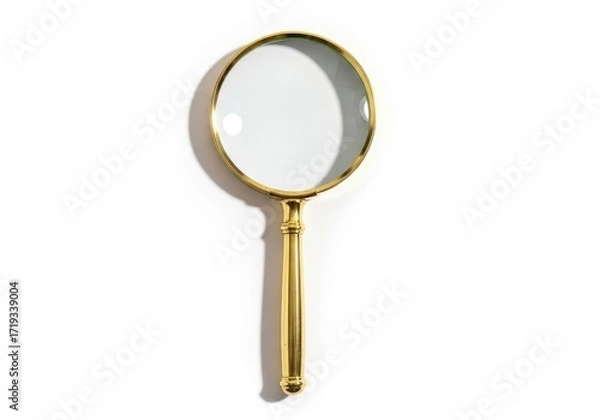Fototapeta A gold-toned magnifying glass with a clear lens and an ornate handle rests on a white surface casting a subtle shadow