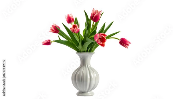 Fototapeta Tulips in Decorative Vase, isolated on solid white background in Png form
