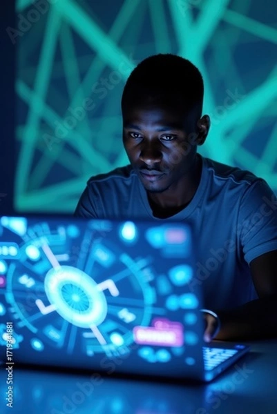 Fototapeta Man working on a laptop with a futuristic glowing screen interface