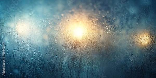 Fototapeta Blurred warm lights seen through a frosted blue windowpane at night