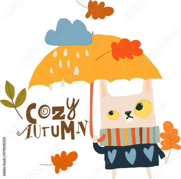 Fototapeta Cute Bunny in Sweater standing in the Rain Under an Umbrella. Vector Illustration