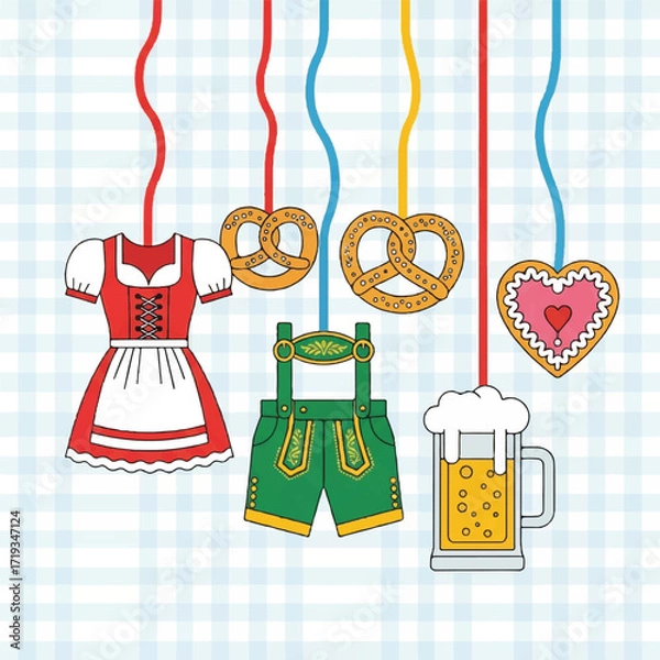 Fototapeta Flat lay illustration of traditional German Oktoberfest celebration items including a dirndl, lederhosen, pretzels, a heart-shaped cookie, and a beer mug on a checkered background.