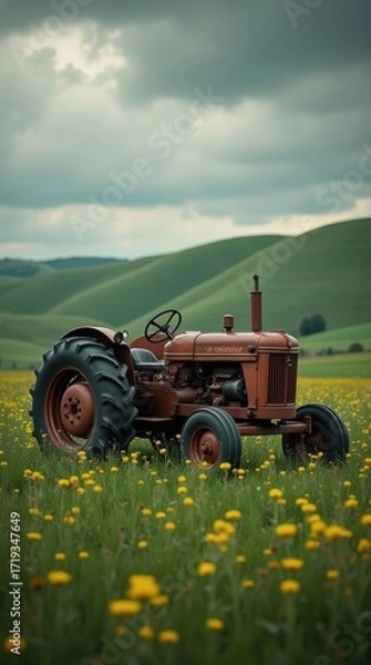 Fototapeta Vintage Tractor in a Field of Yellow Flowers on a Cloudy Day