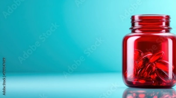 Fototapeta A glass jar filled with bright red capsules, set against a smooth blue backdrop, highlighting the contrast between the colors and the shape of the capsules within.