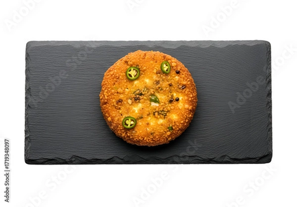 Fototapeta A golden-brown, spiced round pastry rests attractively on a dark gray slate plate, highlighted by vibrant green chili peppers.