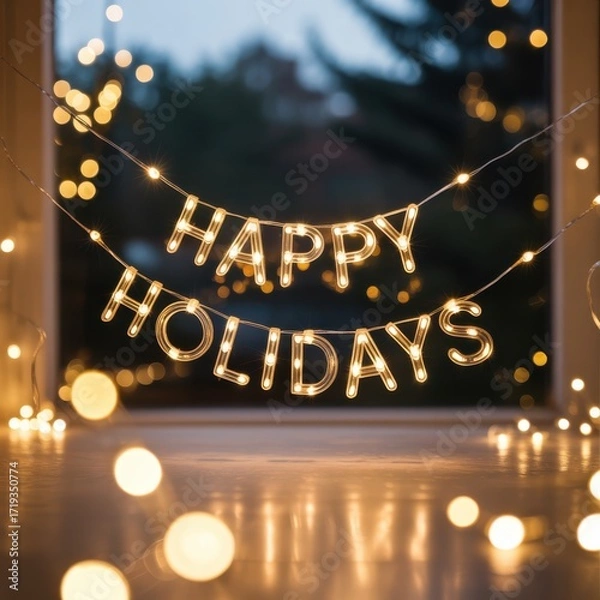 Obraz Illuminated "Happy Holidays" Sign with Bokeh Lights