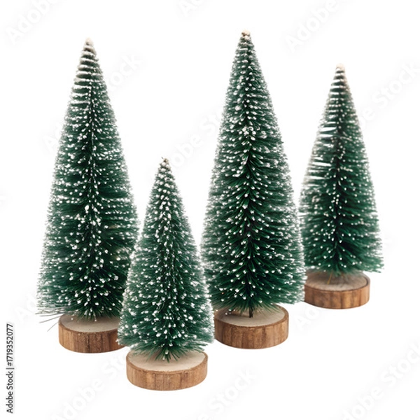 Obraz Set of four miniature bottle brush Christmas trees on wooden bases.