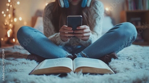 Fototapeta Open book on floor with blurred teenager in background holding smartphone, symbol of distraction from reading