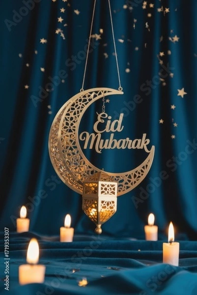 Obraz Golden Crescent Moon with "Eid Mubarak" and Candles on Teal Background