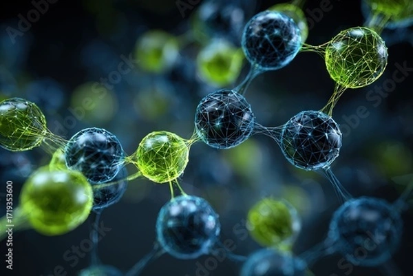 Fototapeta Molecular simulation on screen showing bond strength analysis, lime green and dark blue, data-science composition 