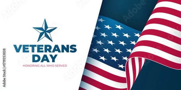 Fototapeta US Veterans Day festive banner. United States federal holiday background with waving American flag. Honoring all who served. Vector illustration.