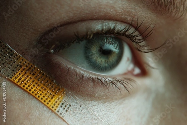 Fototapeta Nanotechnology-based wearable skin sensor, skin tone and amber yellow, health-monitoring close-up 