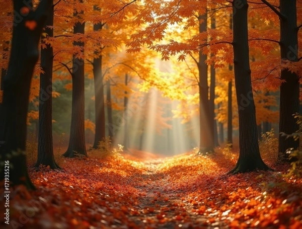 Fototapeta Golden Autumn Forest Path Illuminated by Sunbeams